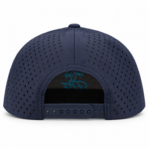 Rear studio view of the navy Feels Like the First Time performance hat with perforated panels and adjustable snap closure