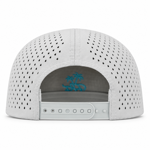 Rear studio view of the silver Feels Like the First Time performance hat with perforated panels and adjustable snap closure